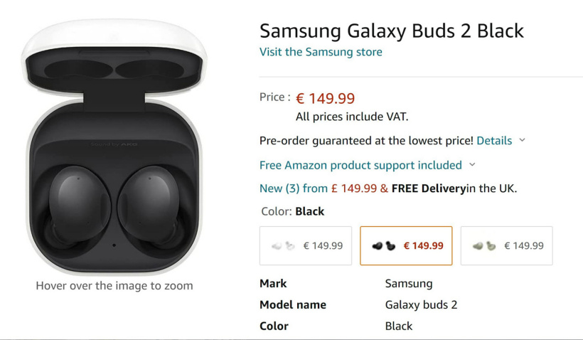 三星Galaxy Buds2真无线降噪耳机上架亚马逊，约合1142元